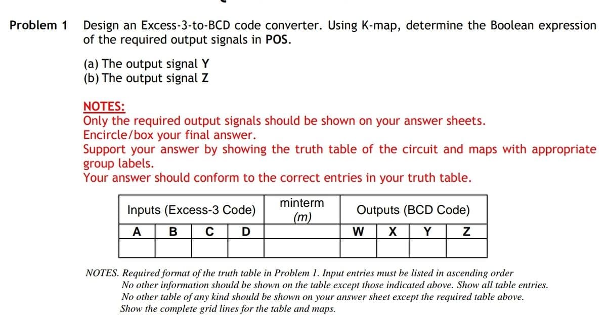 Problem 1
Design an Excess-3-to-BCD code converter. Using K-map, determine the Boolean expression
of the required output signals in POS.
(a) The output signal Y
(b) The output signal Z
NOTES:
Only the required output signals should be shown on your answer sheets.
Encircle/box your final answer.
Support your answer by showing the truth table of the circuit and maps with appropriate
group labels.
Your answer should conform to the correct entries in your truth table.
Inputs (Excess-3 Code)
A
B C
D
minterm
(m)
Outputs (BCD Code)
Z
W X Y
NOTES. Required format of the truth table in Problem 1. Input entries must be listed in ascending order
No other information should be shown on the table except those indicated above. Show all table entries.
No other table of any kind should be shown on your answer sheet except the required table above.
Show the complete grid lines for the table and maps.