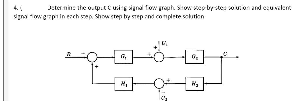 4. (
Determine the output C using signal flow graph. Show step-by-step solution and equivalent
signal flow graph in each step. Show step by step and complete solution.
R
G₁
H₁
G₂
H₂