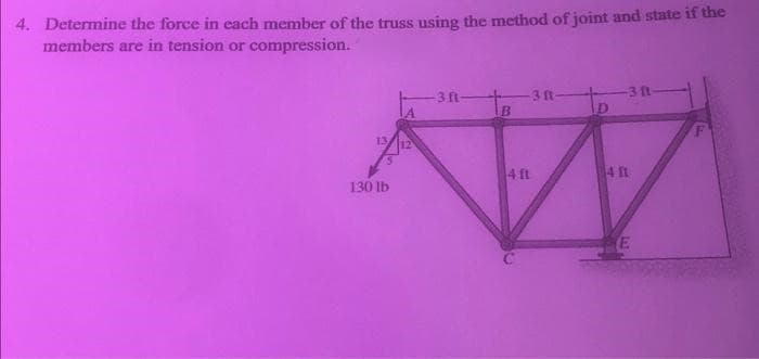 4. Determine the force in each member of the truss using the method of joint and state if the
members are in tension or compression.
13/ 12
130 lb
-3 ft-
B
-3 ft-
4 ft
D
-3 ft-
4 ft
E