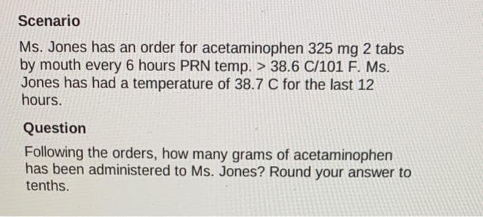 Scenario
Ms. Jones has an order for acetaminophen 325 mg 2 tabs
by mouth every 6 hours PRN temp. > 38.6 C/101 F. Ms.
Jones has had a temperature of 38.7 C for the last 12
hours.
Question
Following the orders, how many grams of acetaminophen
has been administered to Ms. Jones? Round your answer to
tenths.