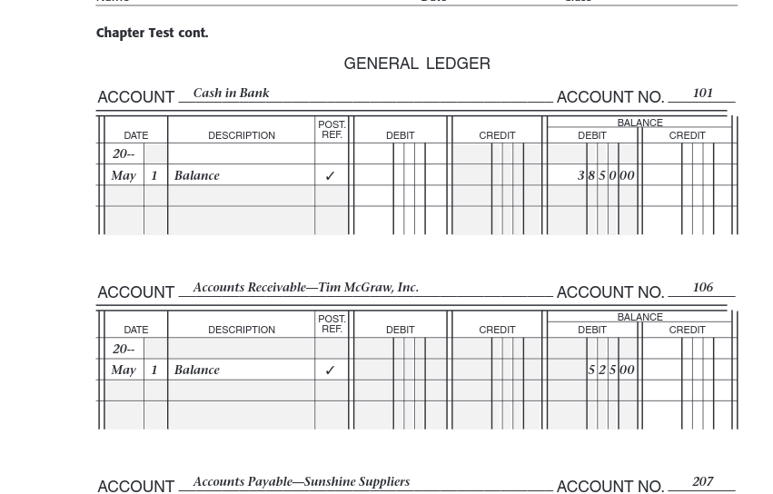 Chapter Test cont.
ACCOUNT Cash in Bank
DATE
DESCRIPTION
20--
May 1 Balance
DATE
DESCRIPTION
ACCOUNT Accounts Receivable-Tim McGraw, Inc.
20--
May 1 Balance
GENERAL LEDGER
POST.
REF.
POST.
REF.
✓
DEBIT
DEBIT
ACCOUNT Accounts Payable-Sunshine Suppliers
CREDIT
CREDIT
ACCOUNT NO..
DEBIT
BALANCE
385000
DEBIT
ACCOUNT NO..
BALANCE
52500
CREDIT
101
ACCOUNT NO..
106
CREDIT
207