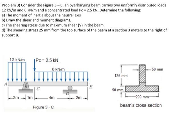 Problem 3) Consider the Figure 3-C, an overhanging beam carries two uniformly distributed loads
12 kN/m and 6 kN/m and a concentrated load Pc = 2.5 kN. Determine the following:
a) The moment of inertia about the neutral axis
b) Draw the shear and moment diagrams.
c) The shearing stress due to maximum shear (V) in the beam.
d) The shearing stress 25 mm from the top surface of the beam at a section 3 meters to the right of
support B.
12 kN/m
2m
1m
Pc = 2.5 kN
C
6 kN/m
-4m
Figure 3-C
D₁
2m
E
125 mm
50 mm
50 mm
-200 mm-
beam's cross-section