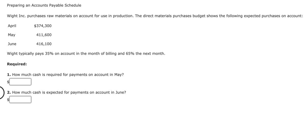 Preparing an Accounts Payable Schedule
Wight Inc. purchases raw materials on account for use in production. The direct materials purchases budget shows the following expected purchases on account:
April
$374,300
May
411,600
June
416,100
Wight typically pays 35% on account in the month of billing and 65% the next month.
Required:
1. How much cash is required for payments on account in May?
2$
2. How much cash is expected for payments on account in June?
