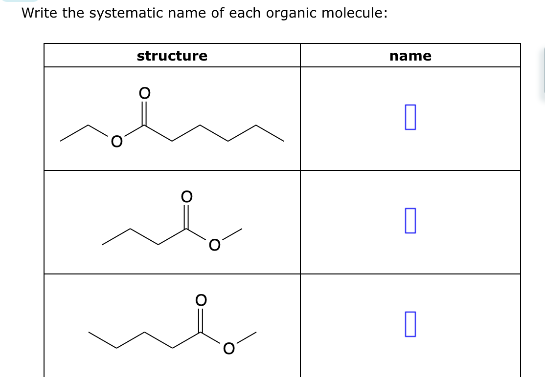 Write the systematic name of each organic molecule:
structure
b
m
name
0
0