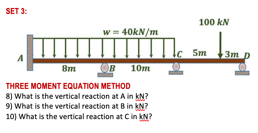 SET 3:
100 kN
w = 40KN/m
C
5m
3m
Зт р
A
8m
Ов
OB
10т
THREE MOMENT EQUATION METHOD
8) What is the vertical reaction at A in kN?
9) What is the vertical reaction at B in kN?
10) What is the vertical reaction at C in kN?
