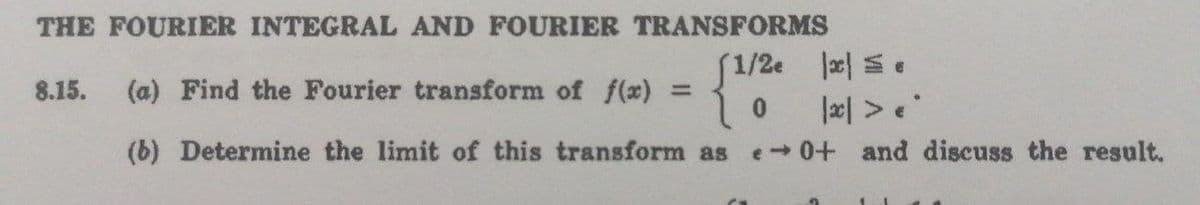 THE FOURIER INTEGRAL AND FOURIER TRANSFORMS
[1/2
10
as e 0+ and discuss the result.
8.15.
(a) Find the Fourier transform of f(x)
(b) Determine the limit of this transform
x==
|xc|> €*