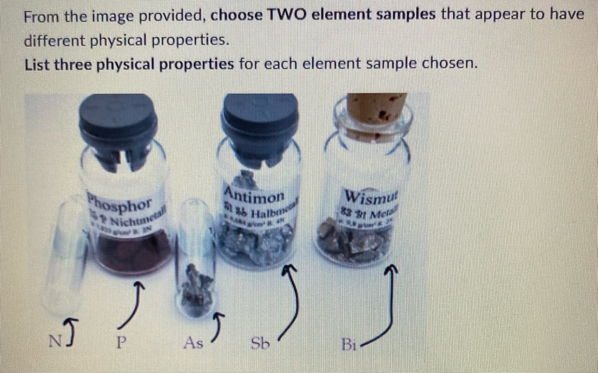 From the image provided, choose TWO element samples that appear to have
different physical properties.
List three physical properties for each element sample chosen.
NJ
hosphor
Nichtmetall
P
As
Antimon
***
S
Sh
EN
Wismut
83 | Mel