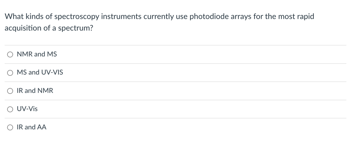 What kinds of spectroscopy instruments currently use photodiode arrays for the most rapid
acquisition of a spectrum?
O NMR and MS
MS and UV-VIS
O IR and NMR
UV-Vis
IR and AA