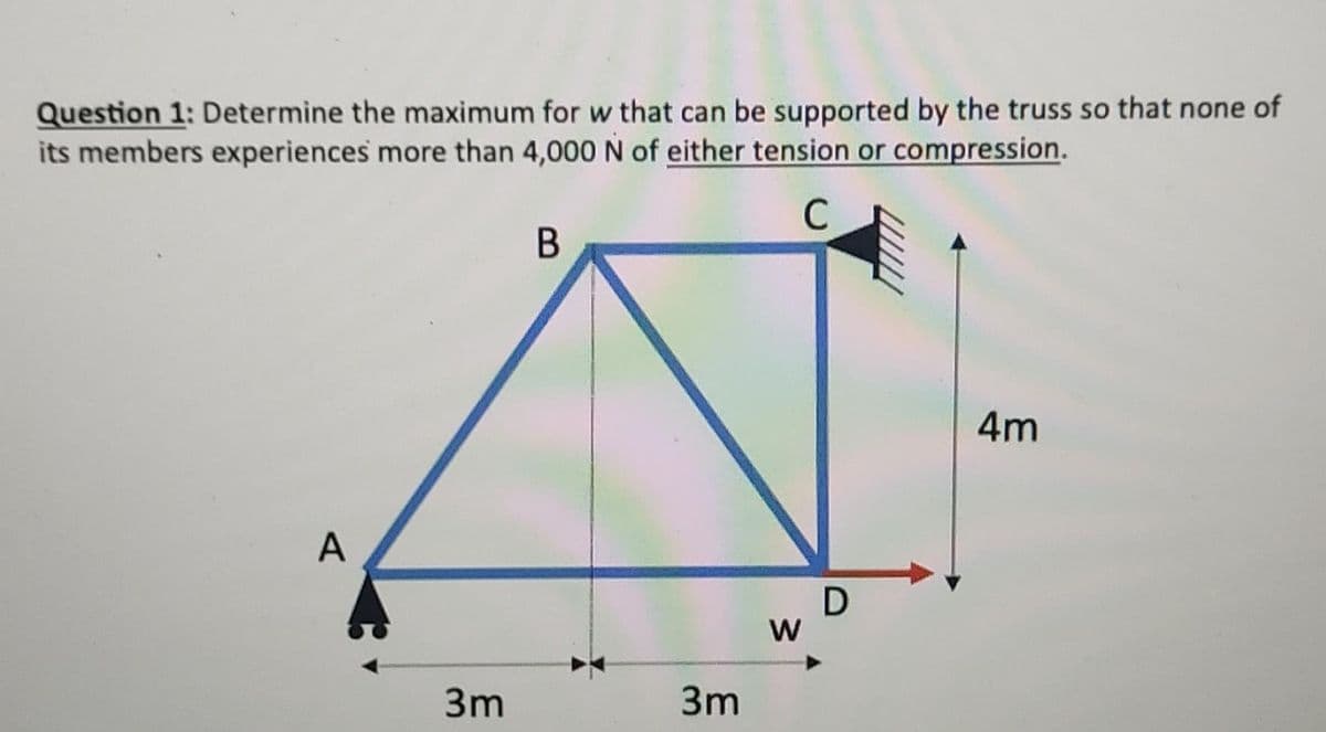 Question 1: Determine the maximum for w that can be supported by the truss so that none of
its members experiences more than 4,000 N of either tension or compression.
C
A
3m
B
3m
W
D
4m