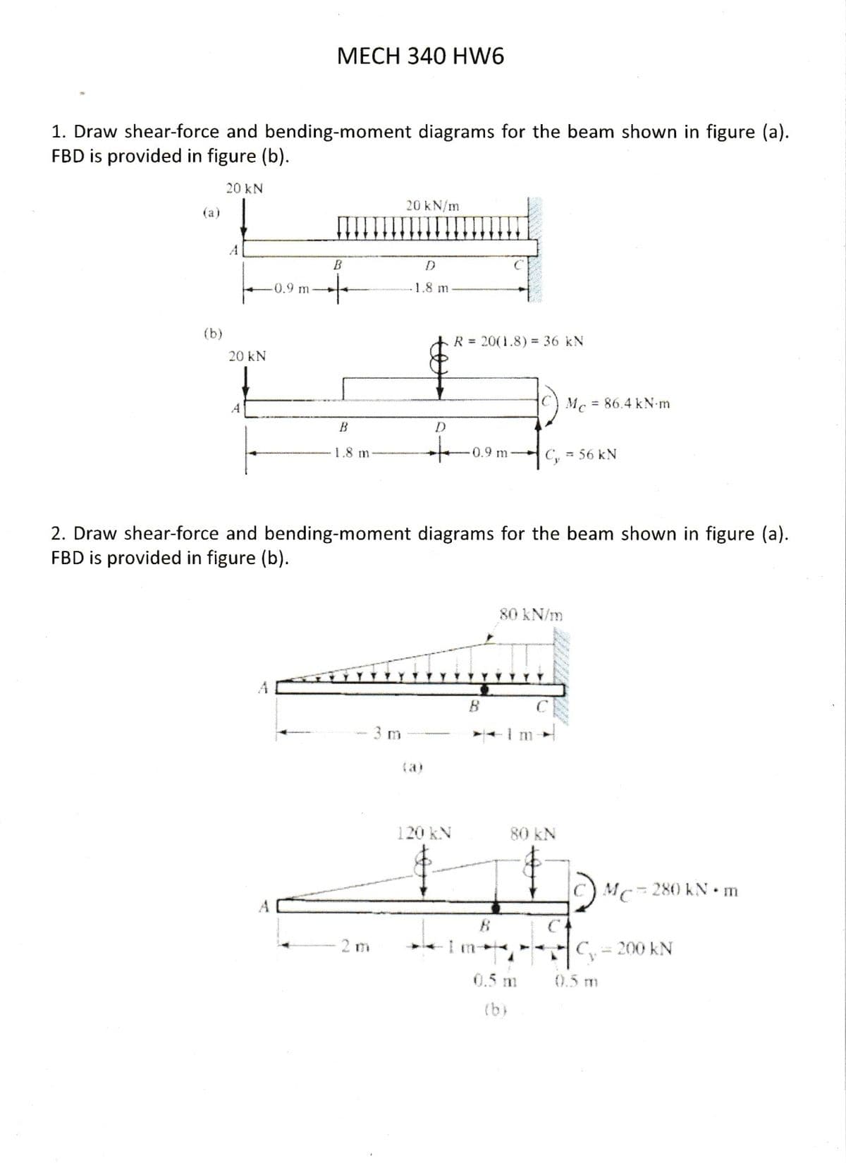 1. Draw shear-force and bending-moment diagrams for the beam shown in figure (a).
FBD is provided in figure (b).
20 KN
(a)
(b)
20 kN
A
MECH 340 HW6
-0.9 m-
A
B
B
1.8 m
20 kN/m
3 m
D
1.8 m
D
(a)
R = 20(1.8) = 36 kN
2. Draw shear-force and bending-moment diagrams for the beam shown in figure (a).
FBD is provided in figure (b).
120 kN
0.9 m-
1
B
B
Cy = 56 kN
80 kN/m
Mc = 86.4 kN-m
80 kN
0.5 m
(b)
MC=
-= 280 kN • m
0.5 m
C₂ - 200 KN