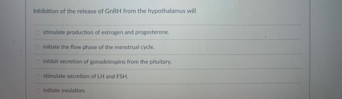 Inhibition of the release of GnRH from the hypothalamus will
O stimulate production of estrogen and progesterone.
O initiate the flow phase of the menstrual cycle.
inhibit secretion of gonadotropins from the pituitary.
O stimulate secretion of LH and FSH.
initiate ovulation.
