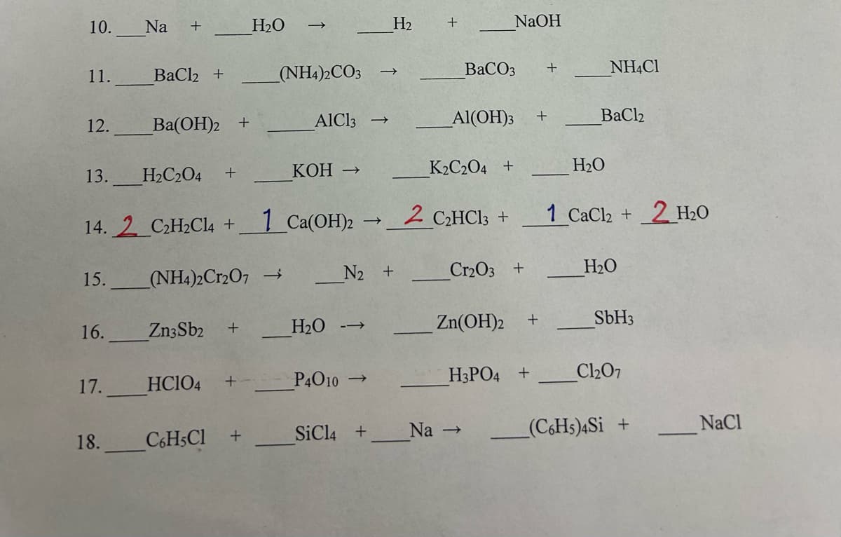 10.
Na +
H₂O
H2
+
NaOH
11.
BaCl2 +
(NH4)2CO3
→>>>
BaCO3
+
NH4Cl
12.
Ba(OH)2 +
AlCl3 →
Al(OH)3 +
BaCl2
13.
H2C2O4
+
KOH →>
K2C2O4 +
H₂O
14.2 C2H2Cl4 +
1 Ca(OH)2
→>
2 C₂HCl3 +
1 CaCl2 + 2 H2O
15.
(NH4)2Cr2O7 →
N2 +
Cr2O3 +
H₂O
16.
Zn3Sb2
+
H2O-->>
Zn(OH)2
+
SbH3
17.
HCIO4 +
P4010→
H3PO4 +
Cl₂07
18.
C6H5C1
+
SiCl4 +
Na->
(C6H5)4Si +
_NaCl