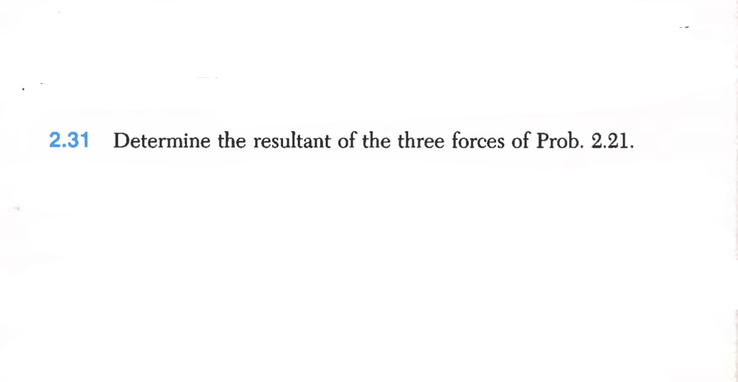2.31
Determine the resultant of the three forces of Prob. 2.21.
