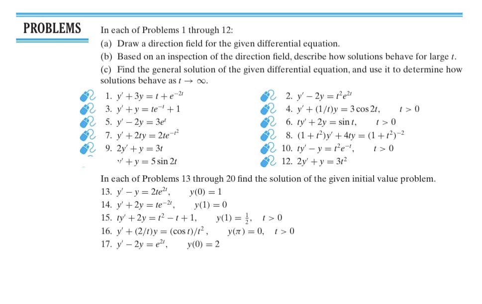 In each of Problems 1 through 12:
(a) Draw a direction field for the given differential equation.
(b) Based on an inspection of the direction field, describe how solutions behave for large t.
(c) Find the general solution of the given differential equation, and use it to determine how
solutions behave as t → o0.
1. y' +3y = t+ e-u
2. y' – 2y = te
