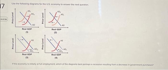 17
01:27:36
Use the following diagrams for the U.S. economy to answer the next question.
AS₁
AS₂
这
AD
Real GDP
(1)
AS₂
AS,
*
AD
(3)
Real GDP
(2)
NY
AD₂
AD₁
Real GDP
AD₂
Real GDP
AD₁
If the economy is initially at full employment, which of the diagrams best portrays a recession resulting from a decrease in government purchases?