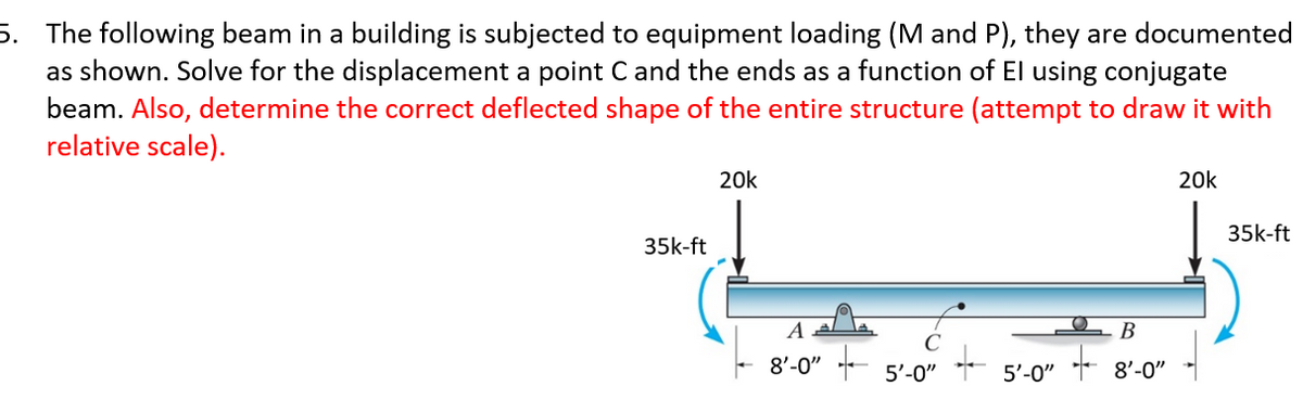 5. The following beam in a building is subjected to equipment loading (M and P), they are documented
as shown. Solve for the displacement a point C and the ends as a function of El using conjugate
beam. Also, determine the correct deflected shape of the entire structure (attempt to draw it with
relative scale).
35k-ft
20k
8'-0"
5'-0"
+
5'-0"
B
8'-0"
20k
35k-ft
