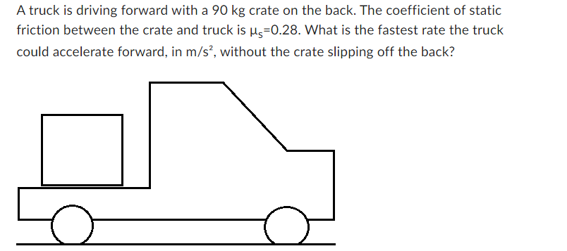 A truck is driving forward with a 90 kg crate on the back. The coefficient of static
friction between the crate and truck is µ-0.28. What is the fastest rate the truck
could accelerate forward, in m/s², without the crate slipping off the back?