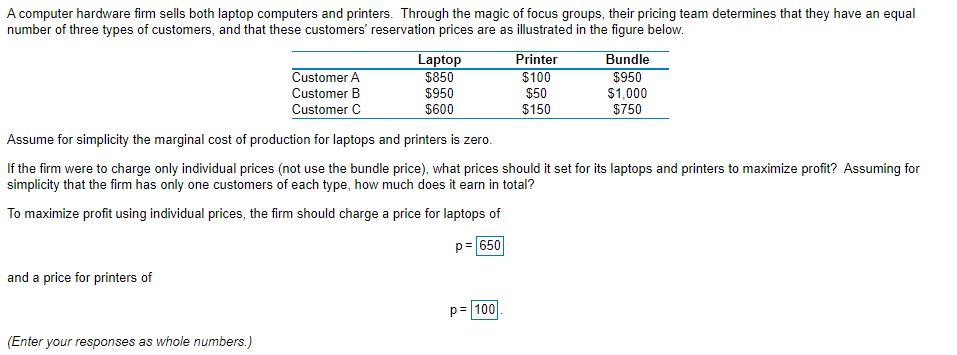A computer hardware firm sells both laptop computers and printers. Through the magic of focus groups, their pricing team determines that they have an equal
number of three types of customers, and that these customers' reservation prices are as illustrated in the figure below.
Printer
$100
Bundle
$950
$1,000
$750
Laptop
$850
Customer A
Customer B
$950
$600
$50
$150
Customer C
Assume for simplicity the marginal cost of production for laptops and printers is zero.
If the firm were to charge only individual prices (not use the bundle price), what prices should it set for its laptops and printers to maximize profit? Assuming for
simplicity that the firm has only one customers of each type, how much does it earn in total?
To maximize profit using individual prices, the firm should charge a price for laptops of
p= 650
and a price for printers of
p= 100
(Enter your responses as whole numbers.)
