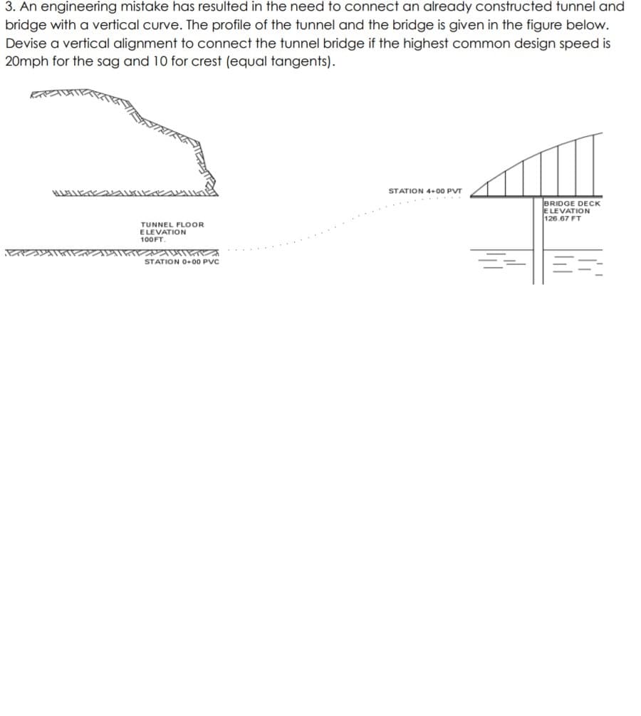 3. An engineering mistake has resulted in the need to connect an already constructed tunnel and
bridge with a vertical curve. The profile of the tunnel and the bridge is given in the figure below.
Devise a vertical alignment to connect the tunnel bridge if the highest common design speed is
20mph for the sag and 10 for crest (equal tangents).
STATION 4+00 PVT
BRIDGE DECK
E LEVATION
126.67 FT
TUNNEL FLOOR
E LEVATION
100FT.
STATION 0+00 PVC
