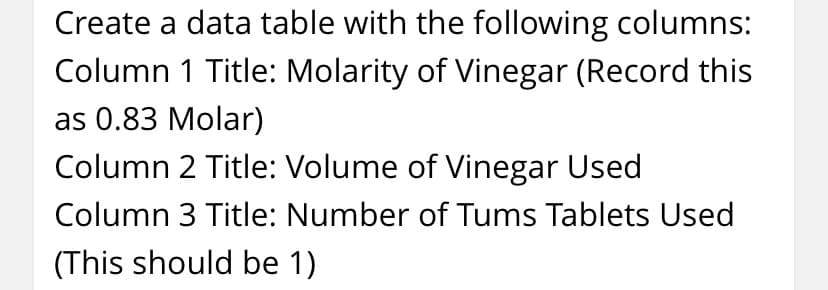 Create a data table with the following columns:
Column 1 Title: Molarity of Vinegar (Record this
as 0.83 Molar)
Column 2 Title: Volume of Vinegar Used
Column 3 Title: Number of Tums Tablets Used
(This should be 1)
