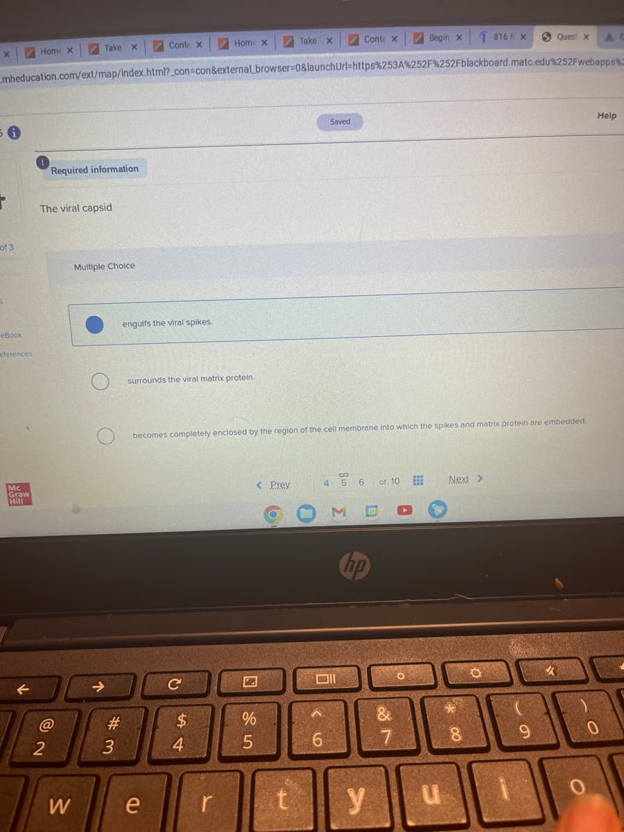 T
of 3
eBook
eferences
Home x
Mc
Graw
Hill
Take X
mheducation.com/ext/map/index.html?_con=con&external_browser=0&launchUrl=https%253A%252F%252Fblackboard.matc.edu%252Fwebapps%
Required information
The viral capsid
@
2
W
Multiple Choice
→
#3
Conte x
engulfs the viral spikes.
surrounds the viral matrix protein.
e
с
Home x
$
54
r
becomes completely enclosed by the region of the cell membrane into which the spikes and matrix protein are embedded.
< Prev
Take x
%
5
O
Saved
6
Conte X
4 5
Oll
6 of 10
M EST
t y
Begin x
87
0
u
Next >
*
816 N X
8
O
1
Quest x
9
✓
O
Help