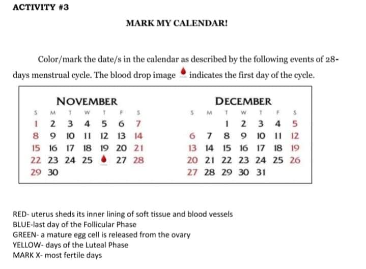 АСTIVITY #3
MARK MY CALENDAR!
Color/mark the date/s in the calendar as described by the following events of 28-
days menstrual cycle. The blood drop image indicates the first day of the cycle.
DECEMBER
SMT w
NOVEMBER
S M
TWTF
T F
1 2
8 9 10 11 12 13 14
1 2 3 4
8 9 10 11 12
4 5 6 7
5
6 7
15 16 17 18 19 20 21
13 14 15 16 17 18 19
22 23 24 25 27 28
20 21 22 23 24 25 26
29 30
27 28 29 30 31
RED- uterus sheds its inner lining of soft tissue and blood vessels
BLUE-last day of the Follicular Phase
GREEN- a mature egg cell is released from the ovary
YELLOW- days of the Luteal Phase
MARK X- most fertile days
