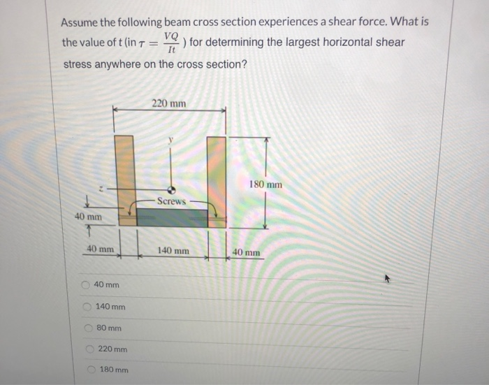 Assume the following beam cross section experiences a shear force. What is
the value of t (in 7 =
It
VQ
) for determining the largest horizontal shear
stress anywhere on the cross section?
220 mm
180 mm
Screws-
40 mm
40 mm
140 mm
40 mm
40 mm
140 mm
80 mm
220 mm
180 mm
