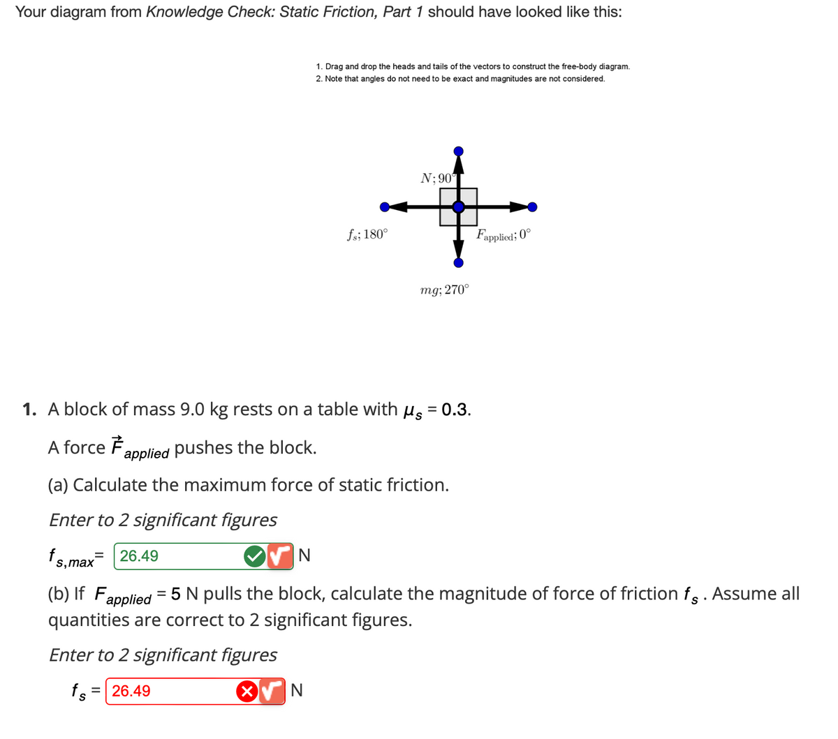 Your diagram from Knowledge Check: Static Friction, Part 1 should have looked like this:
s,max
1. A block of mass 9.0 kg rests on a table with μ = 0.3.
A force #
applied pushes the block.
= 26.49
(a) Calculate the maximum force of static friction.
Enter to 2 significant figures
Enter to 2 significant figures
X
fs
1. Drag and drop the heads and tails of the vectors to construct the free-body diagram.
2. Note that angles do not need to be exact and magnitudes are not considered.
N; 90°
+
Fapplied; 0°
N
(b) If Fapplied = 5 N pulls the block, calculate the magnitude of force of friction f . Assume all
quantities are correct to significant figures.
= 26.49
fs; 180°
N
mg; 270°