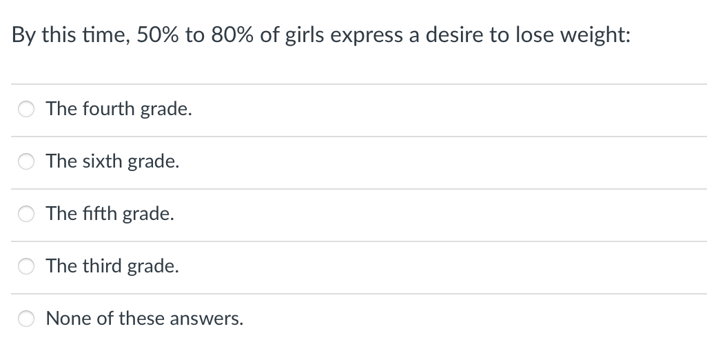 By this time, 50% to 80% of girls express a desire to lose weight:
The fourth grade.
The sixth grade.
The fifth grade.
The third grade.
None of these answers.