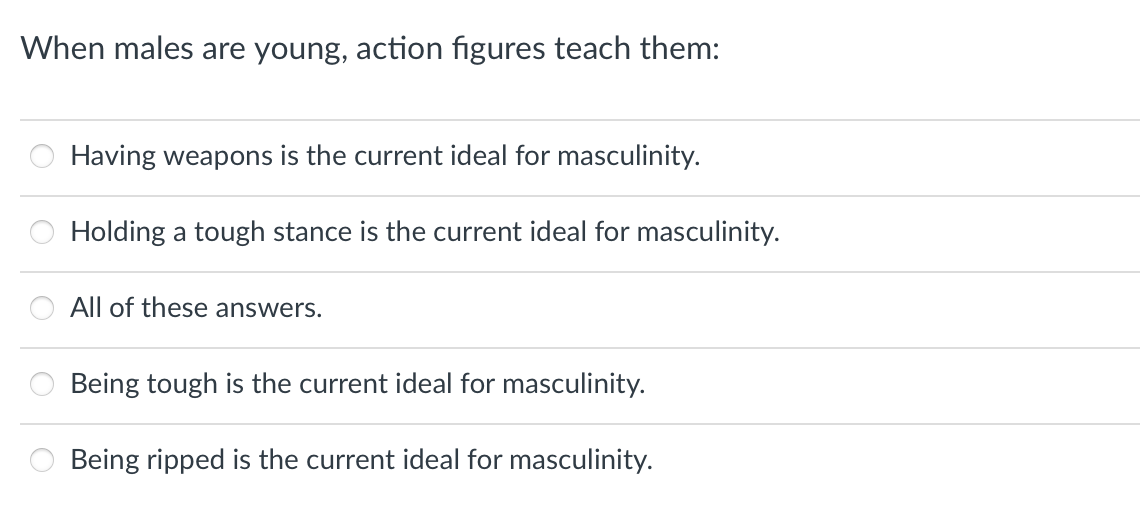 When males are young, action figures teach them:
Having weapons is the current ideal for masculinity.
Holding a tough stance is the current ideal for masculinity.
All of these answers.
Being tough is the current ideal for masculinity.
Being ripped is the current ideal for masculinity.
