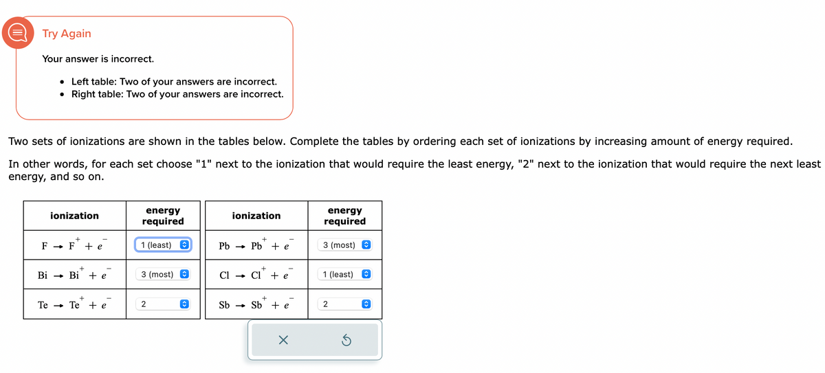 Try Again
Your answer is incorrect.
• Left table: Two of your answers are incorrect.
•Right table: Two of your answers are incorrect.
Two sets of ionizations are shown in the tables below. Complete the tables by ordering each set of ionizations by increasing amount of energy required.
In other words, for each set choose "1" next to the ionization that would require the least energy, "2" next to the ionization that would require the next least
energy, and so on.
ionization
+
F F + e
+
Bi → Bi + e
+
Te Te te
energy
required
1 (least)
3 (most)
2
↑
↑
ionization
+
PbPb + e
+
C1 → C1 + e
+
Sb Sb + e
energy
required
X
3 (most)
1 (least) ↑
è 2
Ś
↑