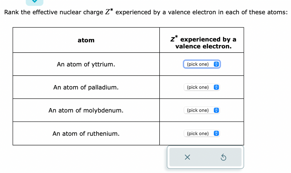 Rank the effective nuclear charge Z* experienced by a valence electron in each of these atoms:
atom
An atom of yttrium.
An atom of palladium.
An atom of molybdenum.
An atom of ruthenium.
z* experienced by a
valence electron.
(pick one)
(pick one) ↑
(pick one) î
(pick one)
X
î
5