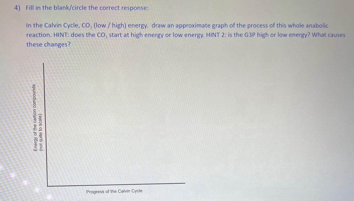 4) Fill in the blank/circle the correct response:
In the Calvin Cycle, CO₂ (low / high) energy. draw an approximate graph of the process of this whole anabolic
reaction. HINT: does the CO₂ start at high energy or low energy. HINT 2: is the G3P high or low energy? What causes
these changes?
Energy of the carbon compounds
(not quite to scale)
Progress of the Calvin Cycle