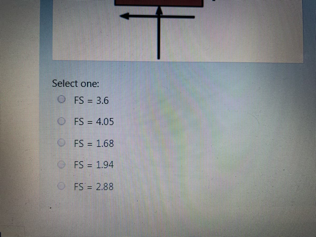 Select one:
O FS = 3.6
FS = 4.05
FS = 1.68
FS = 1.94
FS = 2.88
