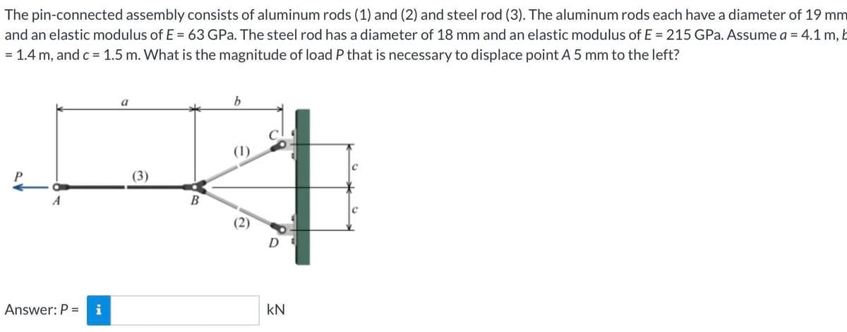 The pin-connected assembly consists of aluminum rods (1) and (2) and steel rod (3). The aluminum rods each have a diameter of 19 mm
and an elastic modulus of E = 63 GPa. The steel rod has a diameter of 18 mm and an elastic modulus of E = 215 GPa. Assume a = 4.1 m, b
%3D
= 1.4 m, and c = 1.5 m. What is the magnitude of load P that is necessary to displace point A 5 mm to the left?
a
b
(1)
(3)
A
Answer: P = i
kN
