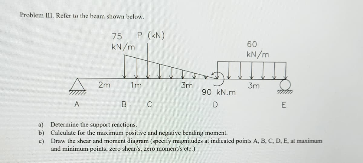 Problem III. Refer to the beam shown below.
75
P (KN)
kN/m
60
kN/m
2m
1m
3m
3m
90 kN.m
A
Determine the support reactions.
b) Calculate for the maximum positive and negative bending moment.
c) Draw the shear and moment diagram (specify magnitudes at indicated points A, B, C, D, E, at maximum
and minimum points, zero shear/s, zero moment/s etc.)
a)
