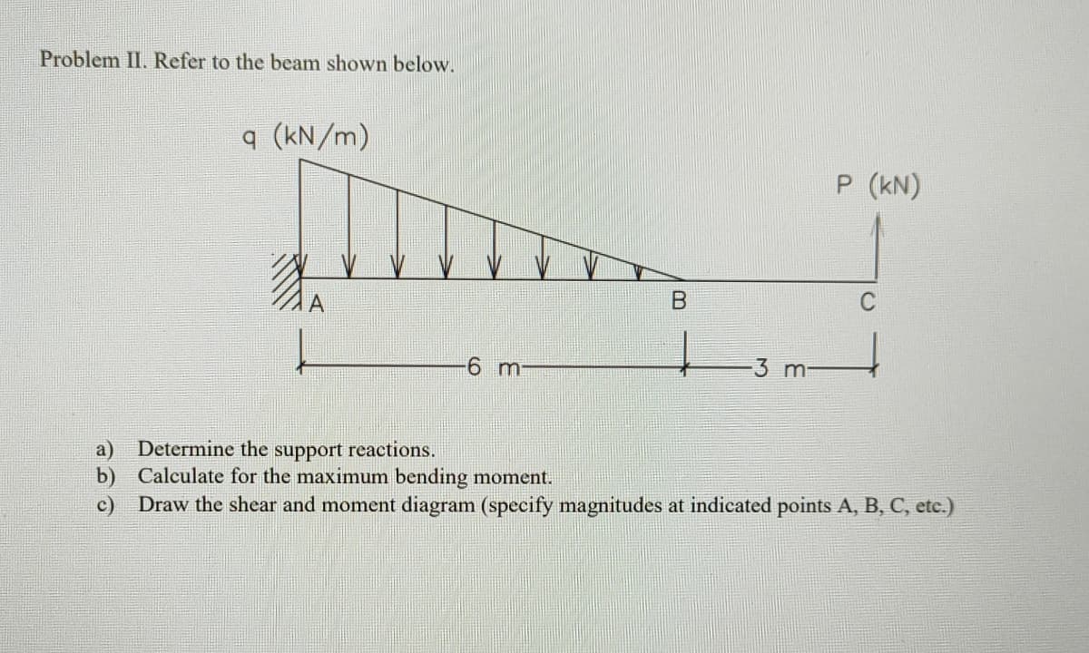 Problem II. Refer to the beam shown below.
9 (kN/m)
P (kN)
6 m
3 m
a)
Determine the support reactions.
b) Calculate for the maximum bending moment.
c)
Draw the shear and moment diagram (specify magnitudes at indicated points A, B, C, etc.)
B.
