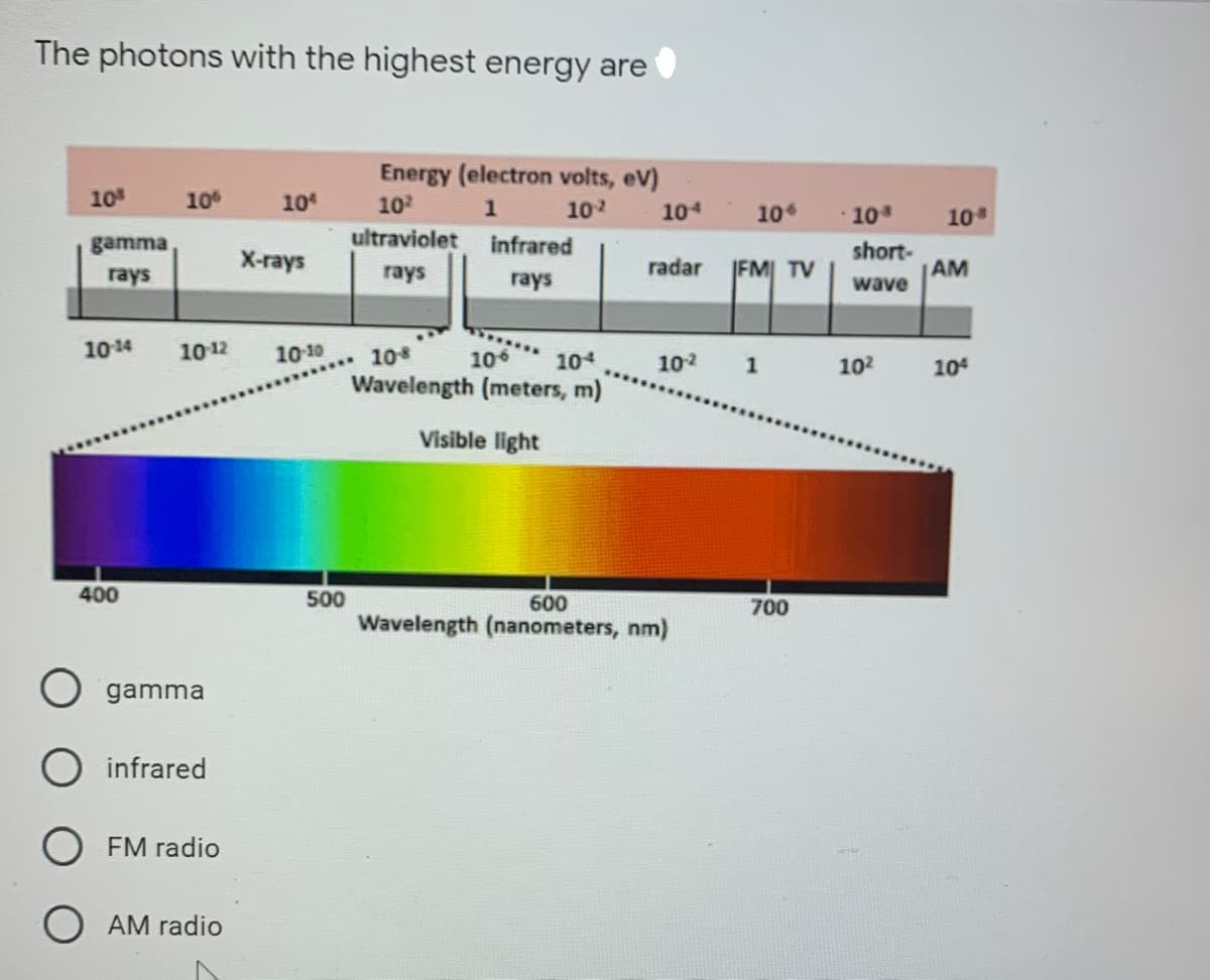 The photons with the highest energy are
Energy (electron volts, eV)
10
10
10
10
10
1
102
104
10
10
gamma
ultraviolet infrared
short-
AM
X-rays
radar FM| TV
rays
rays
rays
wave
1014
10 12
10-10
108
106
104
102
1
102
10
Wavelength (meters, m)
Visible light
400
500
600
700
Wavelength (nanometers, nm)
gamma
infrared
O FM radio
O AM radio
