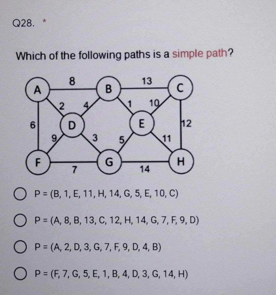 Q28.
Which of the following paths is a simple path?
A
6
F
2
8
D
7
3
B
G
5
13
E
10
14
11
C
12
H
OP= (B, 1, E, 11, H, 14, G, 5, E, 10, C)
P = (A, 8, B, 13, C, 12, H, 14, G, 7, F, 9, D)
P= (A, 2, D, 3, G, 7, F, 9, D, 4, B)
OP= (F, 7, G, 5, E, 1, B, 4, D, 3, G, 14, H)