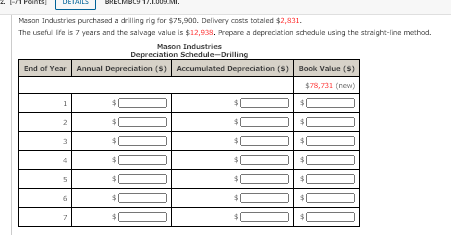 Masan Industries purchased a drilling rig for $75,900. Delivery costs totaled $2,831.
The useful Ife is 7 years and the salvage value is $12,938. Prepare a depreciatian schedule using the straight-line method.
Mason Industries
Depreciation Schedule-Drilling
End of Year Annual Depreciation (S) Accumulated Depreciation (S) Book Value (S)
$78,731 (new)
1
$0
