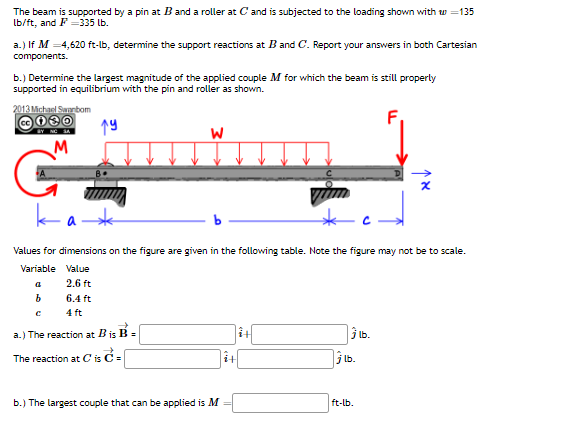 The beam is supported by a pin at B and a roller at C and is subjected to the loading shown with w=135
lb/ft, and F-335 lb.
a.) If M = 4,620 ft-lb, determine the support reactions at B and C. Report your answers in both Cartesian
components.
b.) Determine the largest magnitude of the applied couple M for which the beam is still properly
supported in equilibrium with the pin and roller as shown.
F
2013 Michael Sannbom
30
M
a
Values for dimensions on the figure are given in the following table. Note the figure may not be to scale.
Variable Value
2.6 ft
6.4 ft
4 ft
b
ру
c
W
→
a.) The reaction at B is B =
The reaction at C is C =
b.) The largest couple that can be applied is M
it
3 lb.
13 lb.
ft-lb.