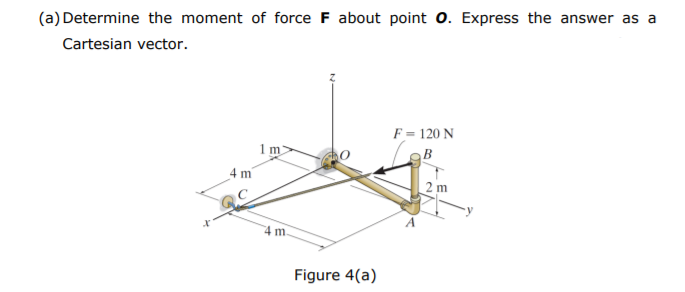(a) Determine the moment of force F about point 0. Express the answer as a
Cartesian vector.
F = 120 N
1
1m
4 m
2 m
4 m
Figure 4(a)
