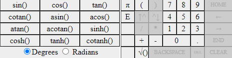 sin())
cos()
cotan() asin()
atan()
acotan()
cosh() tanh()
tan()
acos
sinh()
cotanh()
Degrees O Radians
7
EMA 4
1
1
π
+
*
89 HOME
5 6
2
3
0
NO BACKSPACE
DEL
END
CLEAR