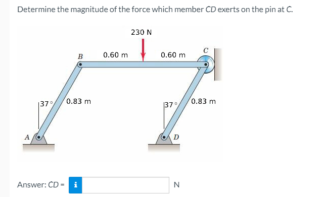 Determine the magnitude of the force which member CD exerts on the pin at C.
230 N
B
0.60 m
0.60 m
0.83 m
0.83 m
|37°
37°
D
Answer: CD = i
N
