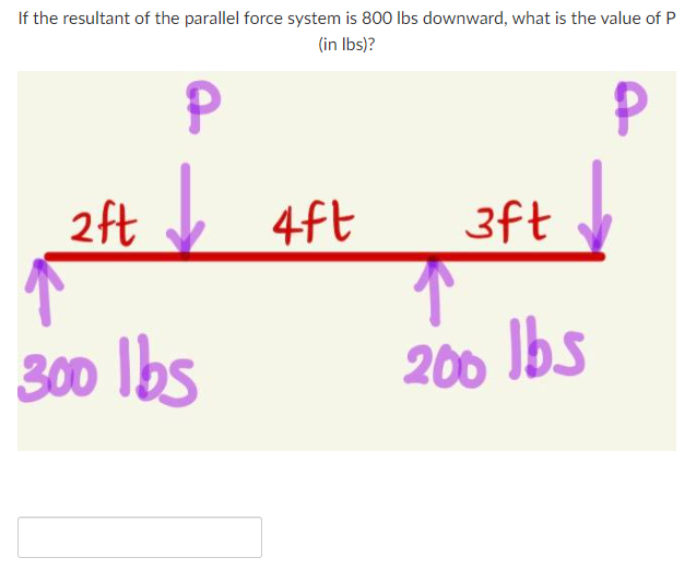 If the resultant of the parallel force system is 800 lbs downward, what is the value of P
(in Ibs)?
2ft
4ft
3ft
300 Ibs
200 lbs
