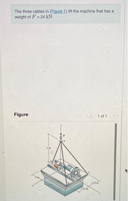 The three cables in (Figure 1) lift the machine that has a
weight of F= 24 kN.
Figure
2m
1.25 m
< 1 of 1
1.25 in