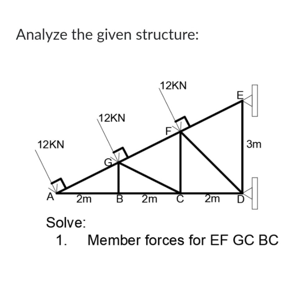 Analyze the given structure:
12KN
12KN
12KN
3m
A
2m
2m
C
2m
D
Solve:
1.
Member forces for EF GC BC
