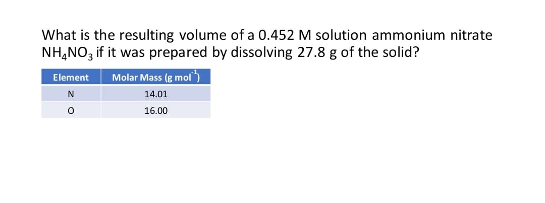 What is the resulting volume of a 0.452 M solution ammonium nitrate
NH4NO3 if it was prepared by dissolving 27.8 g of the solid?
Element Molar Mass (g mol¹)
14.01
16.00
ZO
N