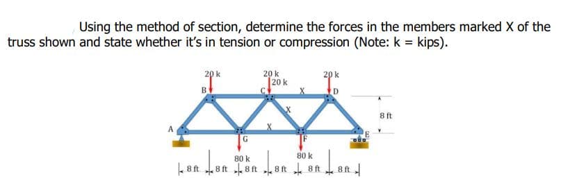 Using the method of section, determine the forces in the members marked X of the
truss shown and state whether it's in tension or compression (Note: k = kips).
20 k
20 k
20 k
20 k
B
8 ft
F
80 k
80 k
8ft 8 ft
8 ft
8 ft 8 t
