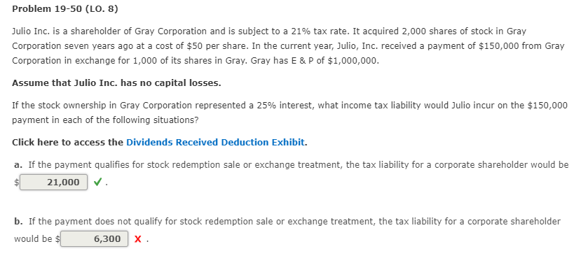 Problem 19-50 (LO. 8)
Julio Inc. is a shareholder of Gray Corporation and is subject to a 21% tax rate. It acquired 2,000 shares of stock in Gray
Corporation seven years ago at a cost of $50 per share. In the current year, Julio, Inc. received a payment of $150,000 from Gray
Corporation in exchange for 1,000 of its shares in Gray. Gray has E & P of $1,000,000.
Assume that Julio Inc. has no capital losses.
If the stock ownership in Gray Corporation represented a 25% interest, what income tax liability would Julio incur on the $150,000
payment in each of the following situations?
Click here to access the Dividends Received Deduction Exhibit.
a. If the payment qualifies for stock redemption sale or exchange treatment, the tax liability for a corporate shareholder would be
21,000 ✓.
b. If the payment does not qualify for stock redemption sale or exchange treatment, the tax liability for a corporate shareholder
would be $
6,300 X.